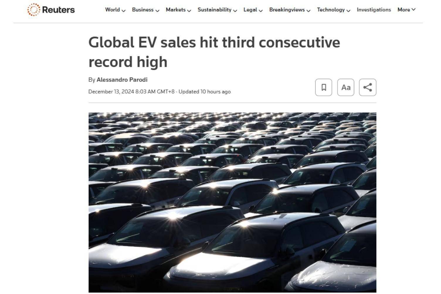 中国电动汽车销量爆棚全球市场份额近七成再夺冠！