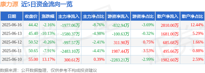 Pg电子网站：康力源（301287）6月16日主力资金净卖出197706万元(图1)